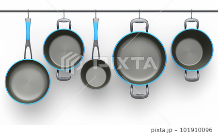 Set of stewpot, frying pan and chrome plated cookware hanging on shelf on white 101910096