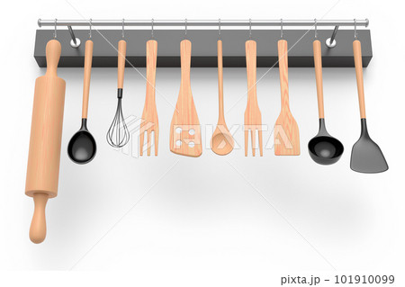 Set of kitchen utensil for preparation of dough hanging on shelf on white. Set of kitchen utensil for preparation of dough hanging on shelf on white. 101910099