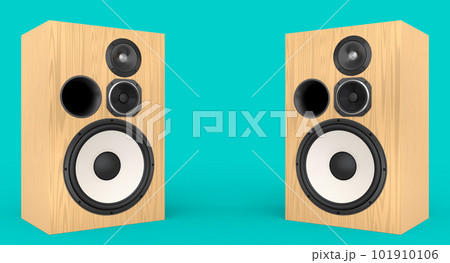 Hi-fi speakers with loudspeakers on stand on green background. 101910106