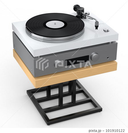 HiFi system with DJ turntable and amplifier on stand for home theater on white. 101910122