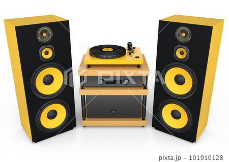 Set of Hi-fi speakers and DJ turntable for sound recording studio on white. Set of Hi-fi speakers and DJ turntable for sound recording studio on white. 101910128