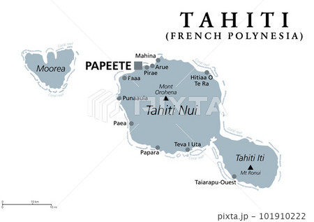 Tahiti, French Polynesia, gray political map. Largest island of the Windward group of the Society Islands, with capital Papeete. Overseas collectivity of France, located in the South Pacific Ocean. 101910222