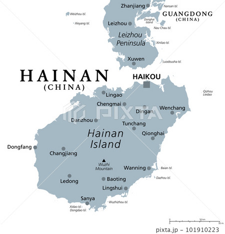 Hainan, the smallest and southernmost province of China, PRC, gray political map. Hainan Island with capital Haikou, and various smaller islands in the South China Sea, south of the Leizhou Peninsula. Hainan, the smallest and southernmost province of China, PRC, gray political map. Hainan Island with capital Haikou, and various smaller islands in the South China Sea, south of the Leizhou Peninsula. 101910223