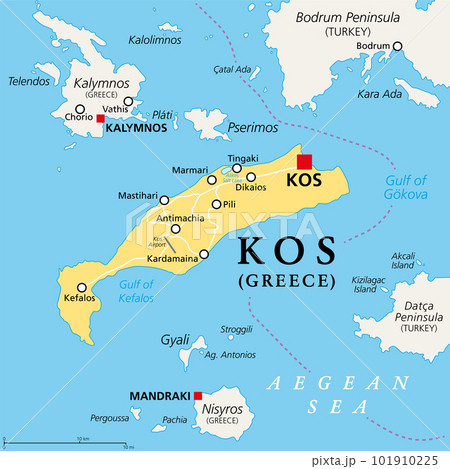 Kos, Greek island, political map. Also Cos, part of the Dodecanese Islands in the Aegean Sea, next to the Turkish Bodrum Peninsula. With Kalymnos, Nisyros, Pserimos, and smaller neighbouring islands. 101910225