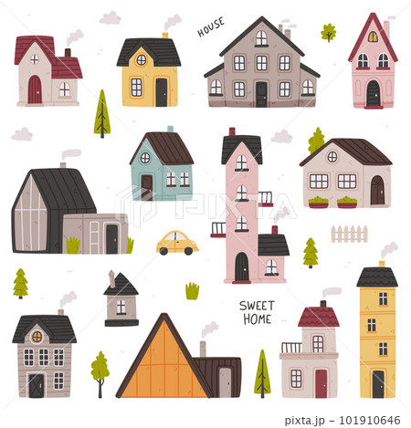 Tiny Houses with Roof and Steaming Chimney as Cozy and Sweet Home Vector Set 101910646