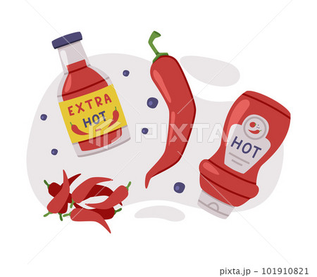 Hot and Spicy Chili Sauce in Bottle Vector Composition Hot and Spicy Chili Sauce in Bottle Vector Composition 101910821