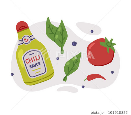 Hot and Spicy Chili Sauce with Tomato in Bottle Vector Composition Hot and Spicy Chili Sauce with Tomato in Bottle Vector Composition 101910825
