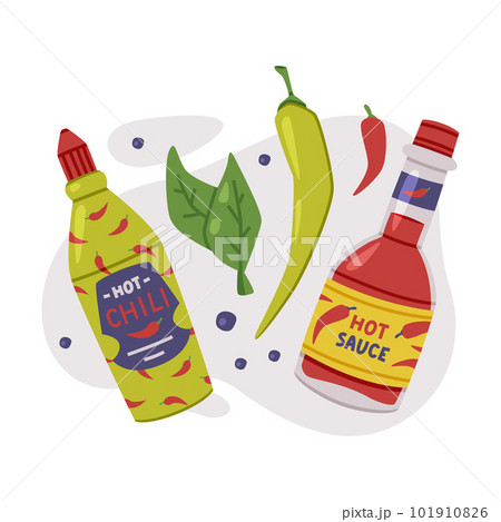 Hot and Spicy Chili Sauce in Bottle Vector Composition 101910826