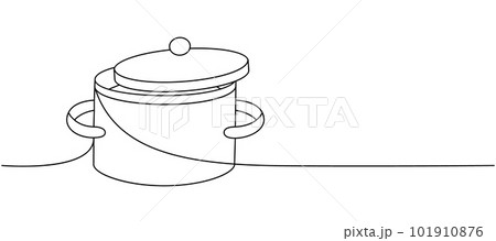 Pot with lid, pot, saucepan one line continuous drawing. Kitchen tools continuous one line illustration. Vector minimalist linear illustration. Pot with lid, pot, saucepan one line continuous drawing. Kitchen tools continuous one line illustration. Vector minimalist linear illustration. 101910876