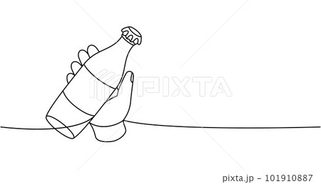 Hand with soda bottle one line continuous drawing. Empty glass or plastic bottle continuous one line illustration. Vector linear illustration. 101910887