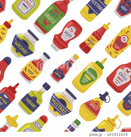 Hot and Spicy Mustard and Chili Sauce in Plastic Bottle with Label Vector Seamless Pattern 101911029