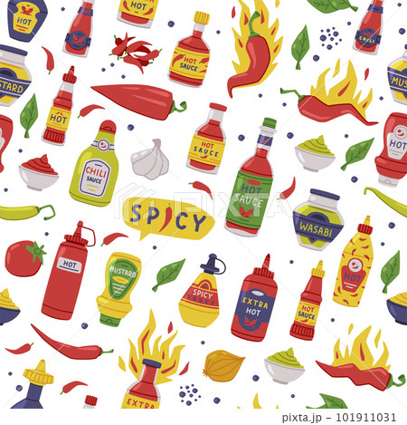 Hot and Spicy Mustard and Chili Sauce in Plastic Bottle with Ingredient Vector Seamless Pattern 101911031