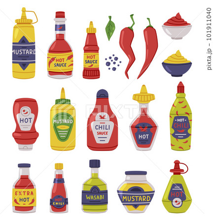 Hot and Spicy Mustard and Chili Sauce in Plastic Bottle with Label Vector Set 101911040