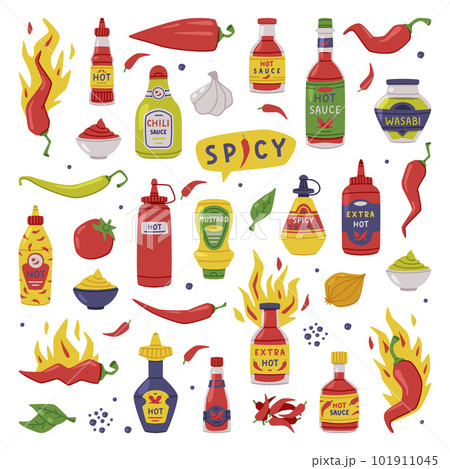Hot and Spicy Mustard and Chili Sauce in Plastic Bottle with Ingredient Vector Set 101911045
