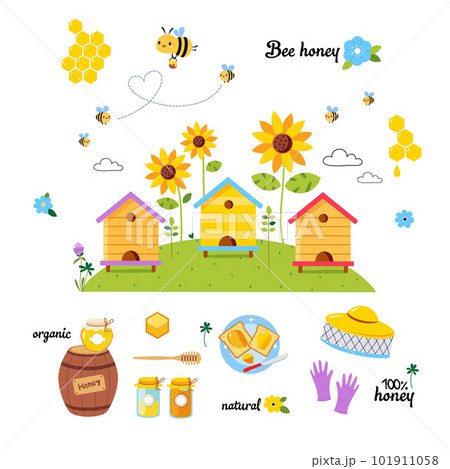 Honey production objects set. Apiary farm products and equipment, wooden barrel, dipper, safety mask and gloves cartoon vector illustration 101911058