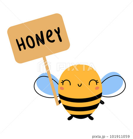 Cute bee holding sign board with honey lettering. Adorable bee mascot cartoon vector illustration 101911059