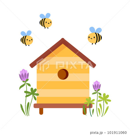 Wooden beehive and flying bees. Farm apiculture equipment cartoon vector illustration 101911060