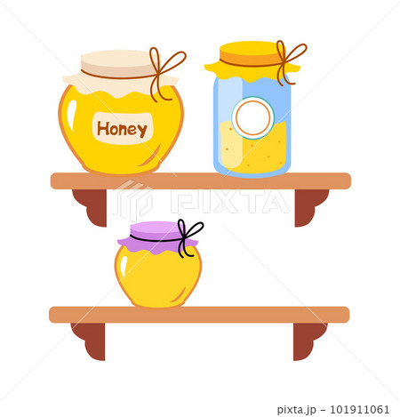 Glass honey jars on wooden shelves cartoon vector illustration 101911061