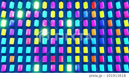 3d render. 3d abstract simple geometric background with multicolor rectangles on plane with flashing multicolor neon light. Creative simple motion design background with 3d objects 101911618