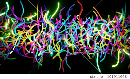 3d abstract background with neon light, multicolored flashes of light bulbs of unusual shapes. Curved lines flash bright. Motion design bg. 3d render 101911668