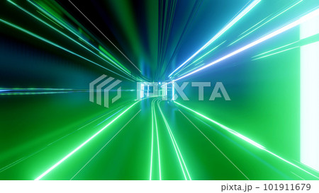 3d render. Sci-fi tunnel with neon lights. Abstract high-tech tunnel as background in the style of cyberpunk or high-tech future. Blue green colors 101911679