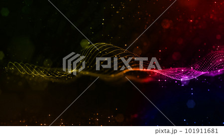 abstract sci-fi background with glow particles form curved lines, surfaces, hologram structures or virtual digital space. Motion design background with gradient color. Blue red green. 101911681