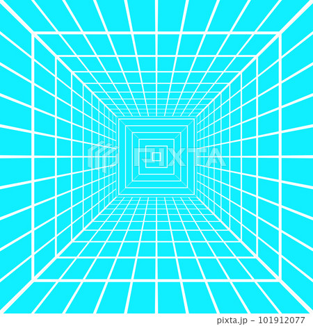 White square room wireframe in perspective on blue background. Hallway, studio, portal or box grid structure. Engineering, architecting or technical isometric scheme 101912077