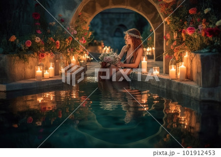 A woman in a flowing, bohemian-style two-piece swimsuit sits on the edge of a pool, surrounded by candles and flowers. The water is still and calm, creating a peaceful atmosphere. Generative AI. A woman in a flowing, bohemian-style two-piece swimsuit sits on the edge of a pool, surrounded by candles and flowers. The water is still and calm, creating a peaceful atmosphere. Generative AI. 101912453