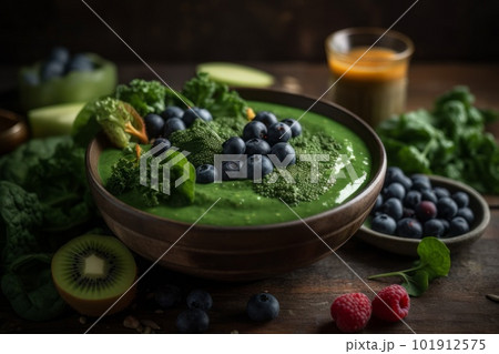 A bowl of a nutritious-looking green smoothie, loaded with leafy greens, fruits and vegetables. Fresh, organic ingredients have been blended to create a powerfully healthy meal. Generative AI A bowl of a nutritious-looking green smoothie, loaded with leafy greens, fruits and vegetables. Fresh, organic ingredients have been blended to create a powerfully healthy meal. Generative AI 101912575