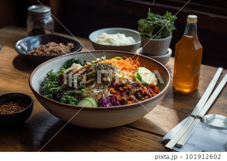 A meal consisting of veggie bibimbap, fresh salad dressed with edible flowers, bean chili and a kombucha tea. Minimally processed and naturally fermented food. Generative AI A meal consisting of veggie bibimbap, fresh salad dressed with edible flowers, bean chili and a kombucha tea. Minimally processed and naturally fermented food. Generative AI 101912602