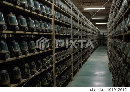 Rows of identical gas masks on racks in a massive warehouse, as if stockpiling for some future conflict. Generative AI 101912615