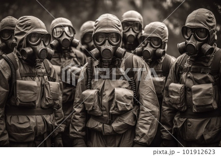 A group of a military unit, posing in uniform and wearing gas masks. But there is a sense of grim determination on their faces, suggesting they are prepared to face any hazardous threat. Generative AI 101912623