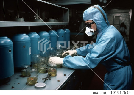 A scientist adjusting knobs and valves on a large container that holds a mysterious glowing blue gas. Generative AI 101912632