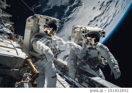 Astronauts in spacesuits conduct a spacewalk near their space station. Generative AI Astronauts in spacesuits conduct a spacewalk near their space station. Generative AI 101912652