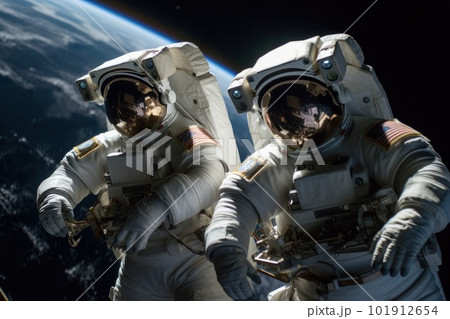 Astronauts in spacesuits conduct a spacewalk near their space station. Generative AI 101912654