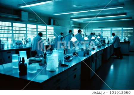 Laboratory with rows of scientists in protective gear conducting experiments, seems to emanate a radioactive glow. Hazards signs warn of radiation throughout the sterile white lab space. Generative AI 101912660