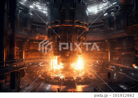 A massive glowing nuclear fusion reactor, with pipes snapping across a vast metal structure, glowing with intense heat and energy. Technicians in hazmat suits monitor the reactor. Generative AI 101912662