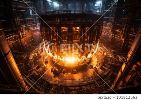A massive glowing nuclear fusion reactor, with pipes snapping across a vast metal structure, glowing with intense heat and energy. Technicians in hazmat suits monitor the reactor. Generative AI 101912663