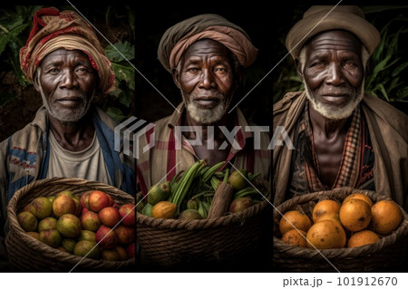 Portraits of farmers proudly holding baskets of fresh-picked fruit, vegetables, grains and legumes. Their faces and clothing suggest dedication to craft, health, nutrition and community. Generative AI Portraits of farmers proudly holding baskets of fresh-picked fruit, vegetables, grains and legumes. Their faces and clothing suggest dedication to craft, health, nutrition and community. Generative AI 101912670