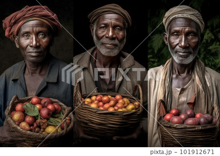 Portraits of farmers proudly holding baskets of fresh-picked fruit, vegetables, grains and legumes. Their faces and clothing suggest dedication to craft, health, nutrition and community. Generative AI Portraits of farmers proudly holding baskets of fresh-picked fruit, vegetables, grains and legumes. Their faces and clothing suggest dedication to craft, health, nutrition and community. Generative AI 101912671