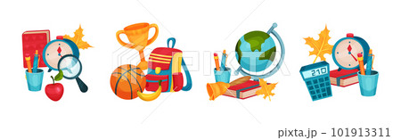 Composition of School Supplies with Schoolbag Vector Set 101913311