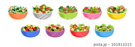 Fresh Salads in Bowl with Mixed Ingredients Vector Set Fresh Salads in Bowl with Mixed Ingredients Vector Set 101913315