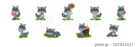 Cute Raccoon with Striped Tail Engaged in Different Activity Vector Set 101913317
