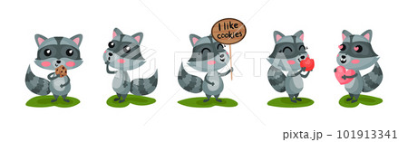 Cute Raccoon with Striped Tail Engaged in Different Activity Vector Set 101913341