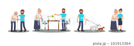 Man and Woman Volunteer Characters Helping Senior and Walking Dog Vector Illustration Set Man and Woman Volunteer Characters Helping Senior and Walking Dog Vector Illustration Set 101913364