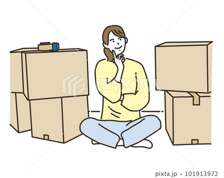 段ボール箱の前で考える笑顔の若い女性 段ボール箱の前で考える笑顔の若い女性 101913972