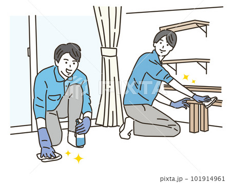 部屋で床掃除をする清掃業の若い男性達 部屋で床掃除をする清掃業の若い男性達 101914961