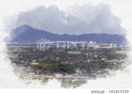 水彩画風　米子城跡から江島大橋の眺望　鳥取県米子市 101915259