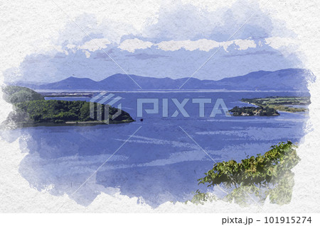 水彩画風　米子城跡から中海の眺望　鳥取県米子市 101915274