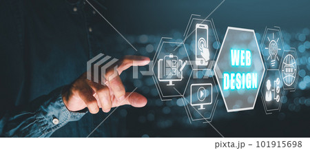 Web design concept, Person hand touching web design icon on virtual screen. 101915698